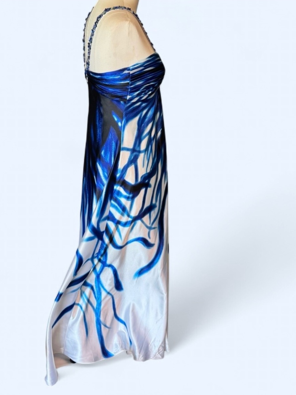 Cache Blue and White Beaded-Strap Maxi Dress lined with a slit at the bottom - Picture 5 of 15